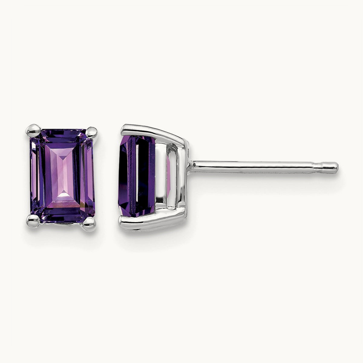 6x4mm Emerald Cut Amethyst Earrings, 14K White Gold