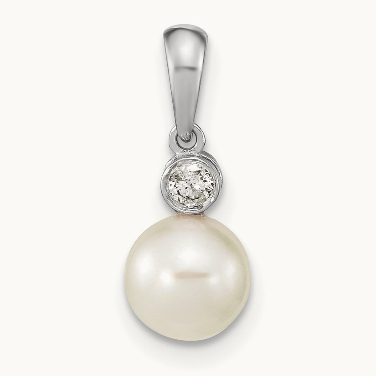 6- Round White Saltwater Akoya Pearl .05ct. Dia. Pendant, 7mm, 14K White Gold