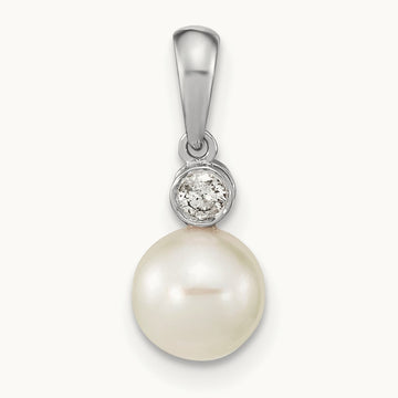 6- Round White Saltwater Akoya Pearl .05ct. Dia. Pendant, 7mm, 14K White Gold