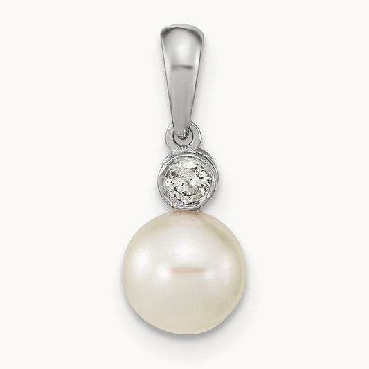 6- Round White Saltwater Akoya Pearl .05ct. Dia. Pendant, 7mm, 14K White Gold
