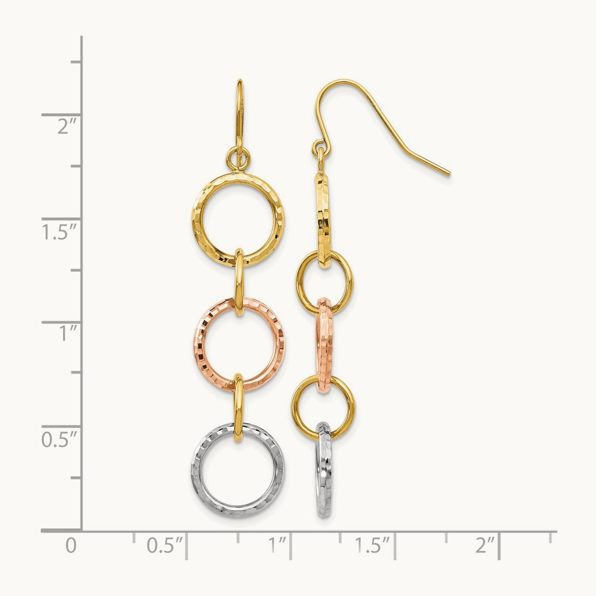 Tri-Color Diamond Cut Circle Dangle Earrings, 14K