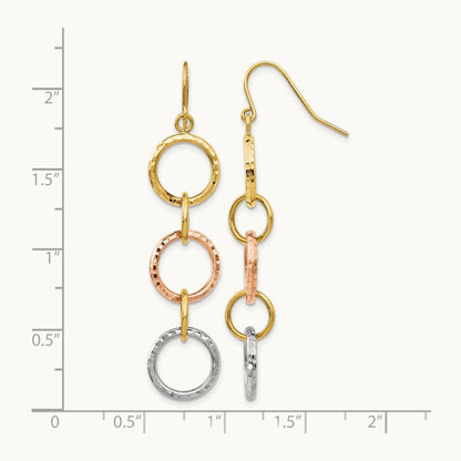 Tri-Color Diamond Cut Circle Dangle Earrings, 14K
