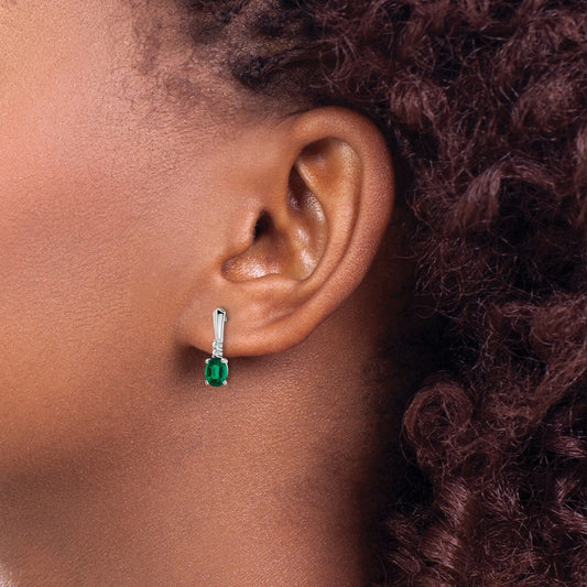 Oval Created Emerald and Diamond Dangle Earrings — 14K White Gold