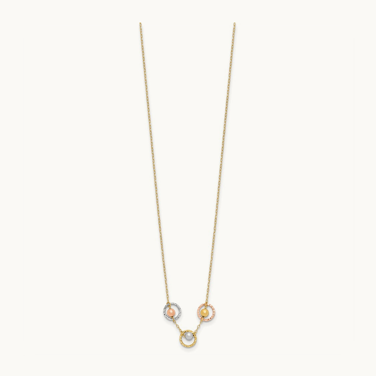 Tri-Color Polished D/C 3 Circle Beads Necklace, 14K