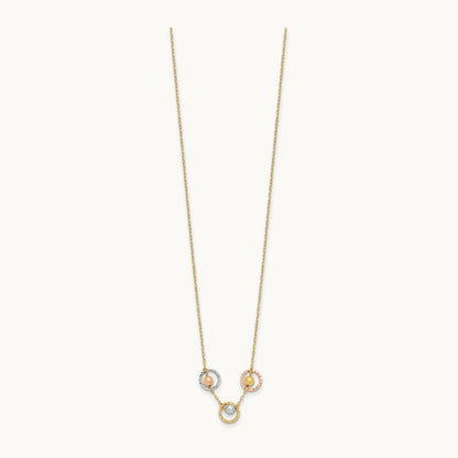 Tri-Color Polished D/C 3 Circle Beads Necklace, 14K