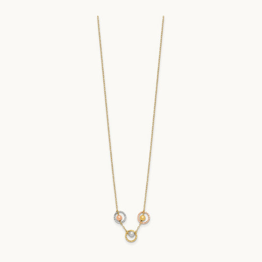 Tri-Color Polished D/C 3 Circle Beads Necklace, 14K