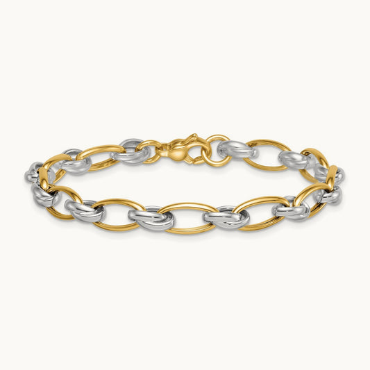 Polished Fancy Oval Chain Bracelet, 7mm, 14K Two-tone