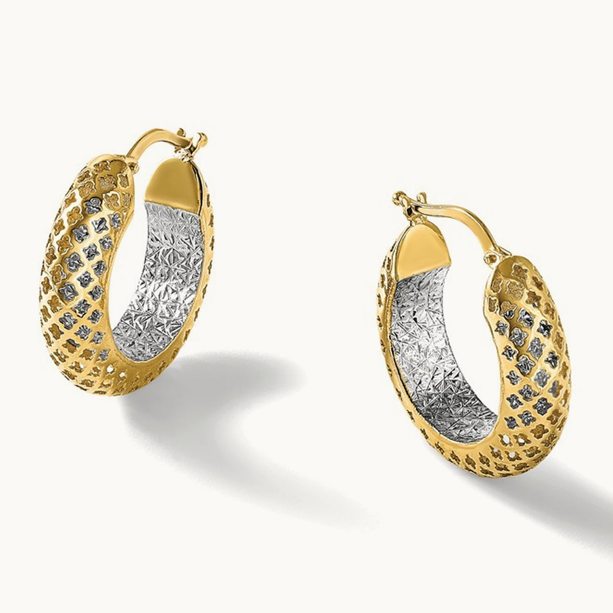 Polished and Diamond-cut Hoop Earrings, 14K Two-tone — Leslie's