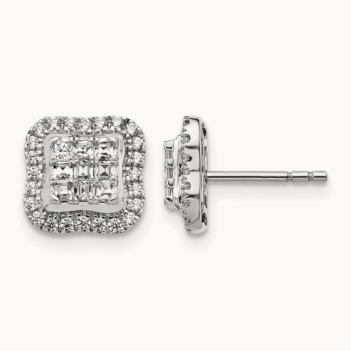 Diamond Square Cluster Post Earrings, 14K White Gold
