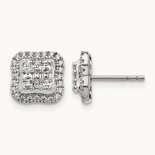 Diamond Square Cluster Post Earrings, 14K White Gold