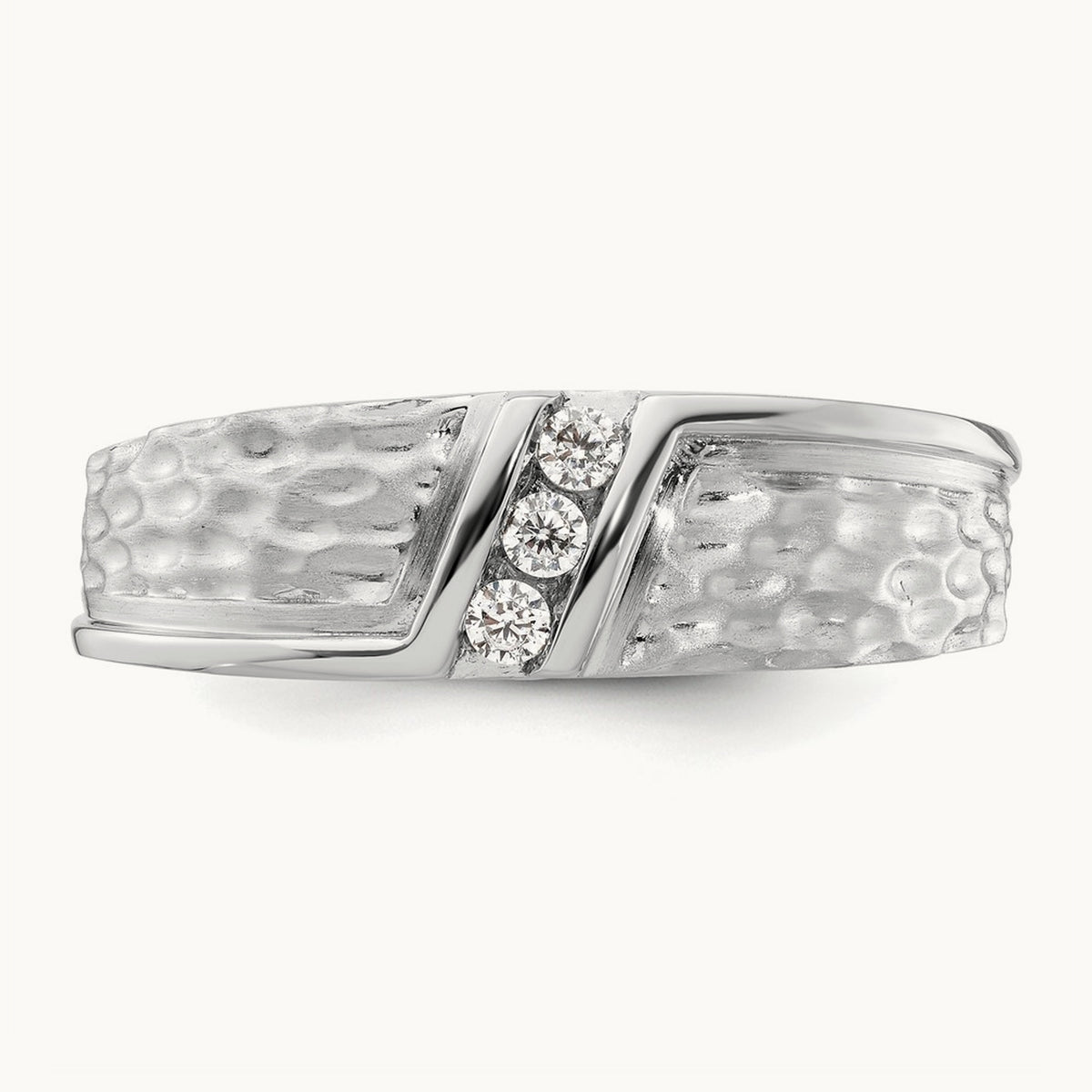 Polish & Satin Hammered Diamond Mens Wedding Band, 14K White Gold