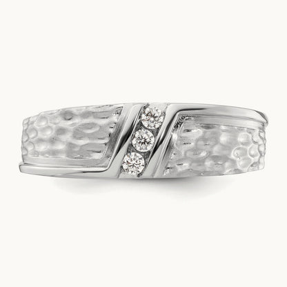 Polish & Satin Hammered Diamond Mens Wedding Band, 14K White Gold