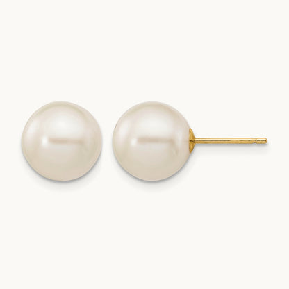 9- White Round Freshwater Cultured Pearl Stud Post Earrings, 10mm, 14K