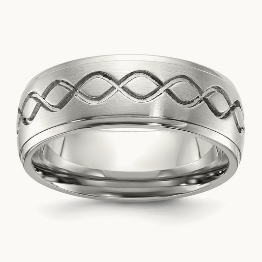Brushed & Polished Scroll Design Ridged Edge Band, 8mm, Stainless Steel