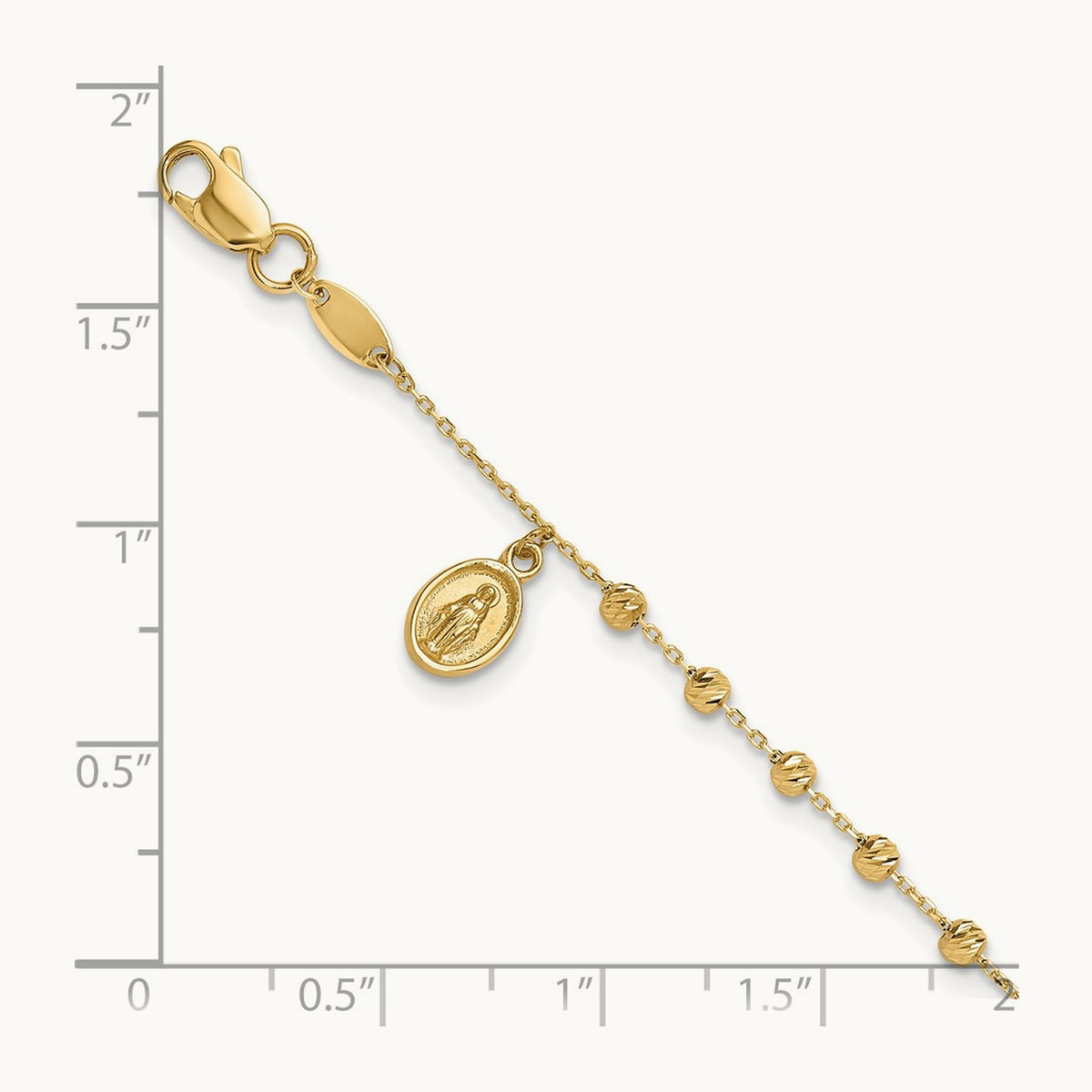 Polished and Diamond-cut Miraculous Medal and Cross Rosary Design Brace, 14K