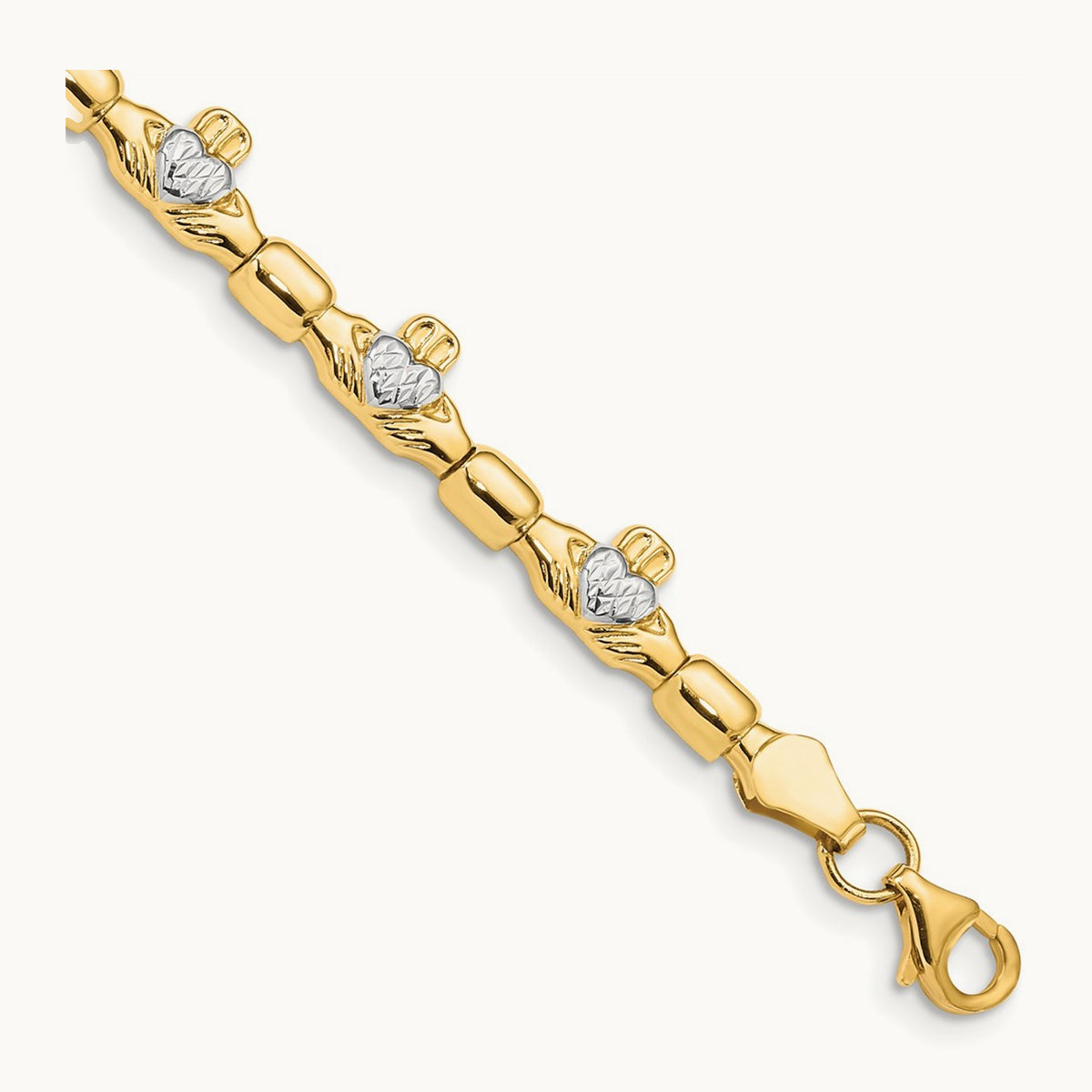 w/ Rhodium D/C Claddagh Polished Link Bracelet, 14K