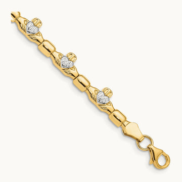 w/ Rhodium D/C Claddagh Polished Link Bracelet, 14K
