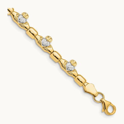 w/ Rhodium D/C Claddagh Polished Link Bracelet, 14K
