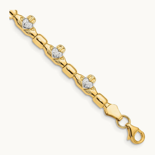 w/ Rhodium D/C Claddagh Polished Link Bracelet, 14K