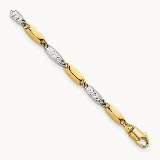 Polished and Textured Fancy Link 7.5in Bracelet, 14K Two-tone