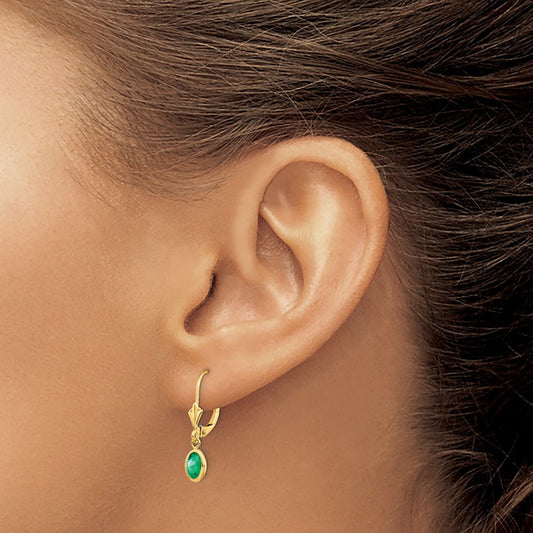 6x4 Oval Bezel May/Emerald Leverback Earrings — 14K Yellow Gold