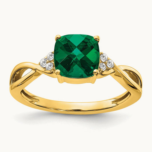 Checkerboard Created Emerald and Lab-Grown Diamond Ring — 14K Yellow Gold, 7