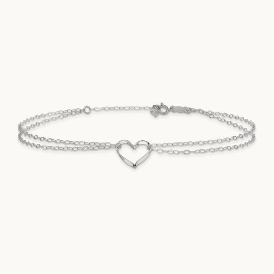 Double Strand Heart 9in Plus 1in ext. Anklet, 14K White Gold