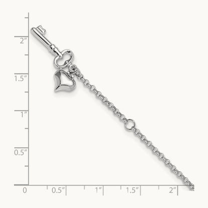 Adj Polished Puffed Heart Key 9in Plus 1in ext. Anklet, 14K White Gold
