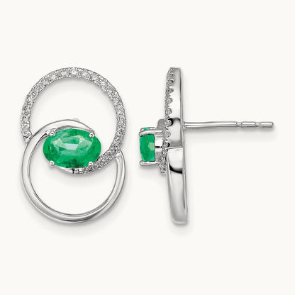 Double Circle Emerald/Diamond Post Earrings, 14K White Gold