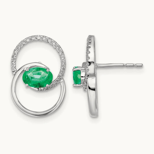 Double Circle Emerald/Diamond Post Earrings, 14K White Gold