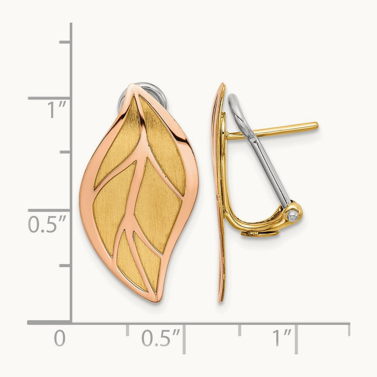 Polished / Brushed Leaf Omega Back Earrings, 14K Two-tone Rose with Yellow