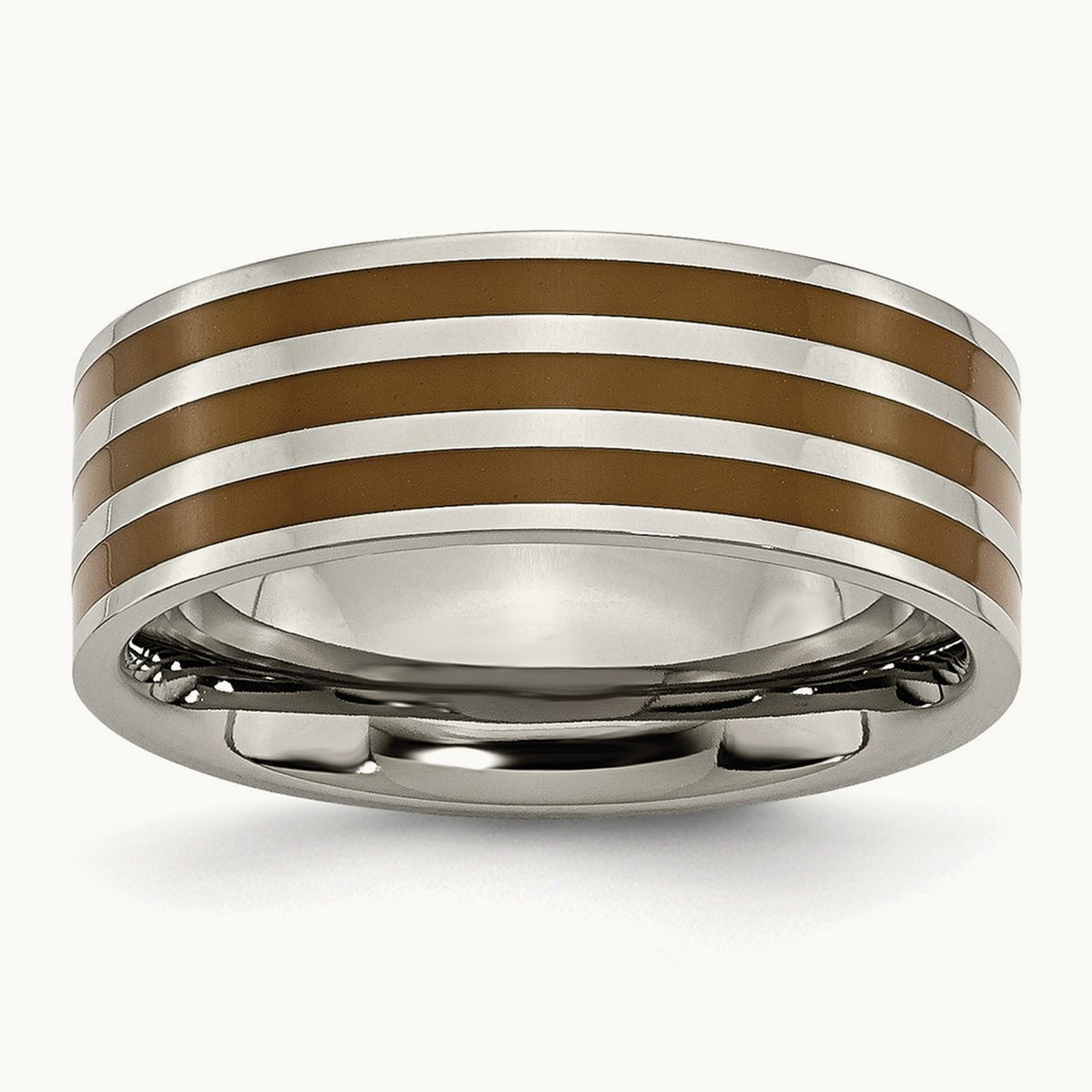 Titanium Polished Brown Enamel Striped 8mm Flat Band