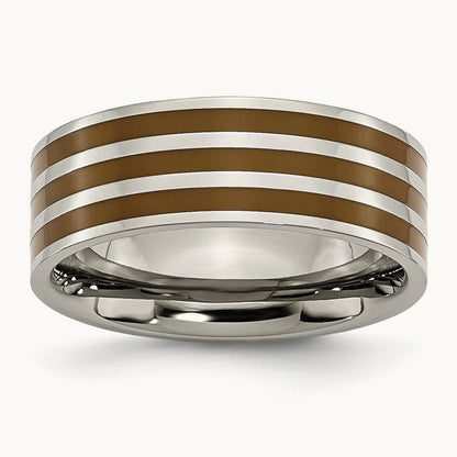 Titanium Polished Brown Enamel Striped 8mm Flat Band