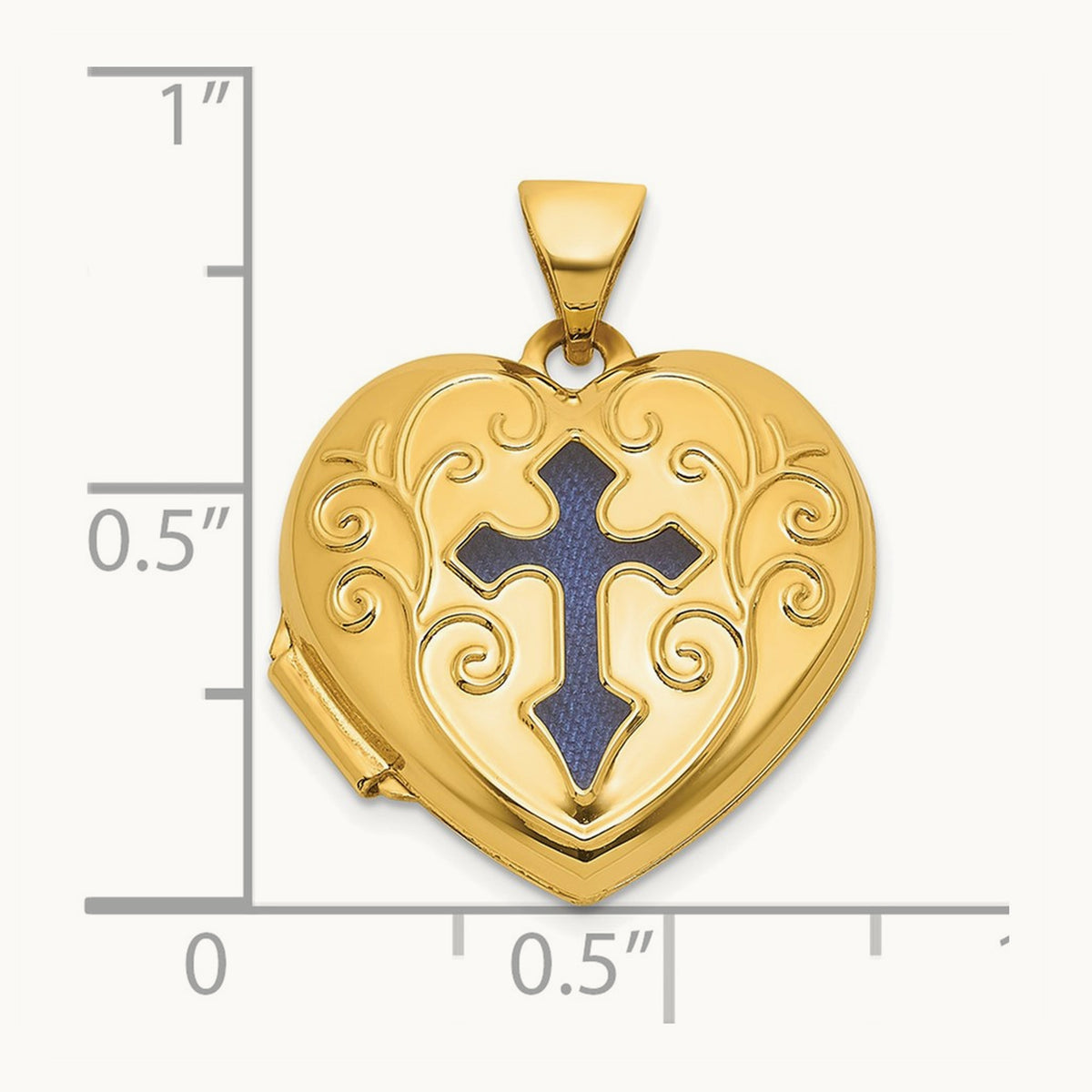 Polished Blue Fabric Open Cross Heart Locket, 18mm, 14K