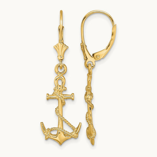 3-D Anchor W/ Shackle and Entwined Rope Leverback Earrings, 14K