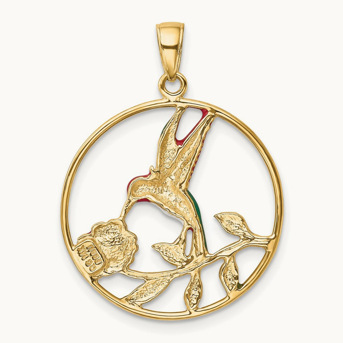 Enameled Hummingbird and Flower in Circle Pendant, 14K