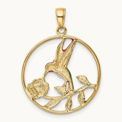 Enameled Hummingbird and Flower in Circle Pendant, 14K