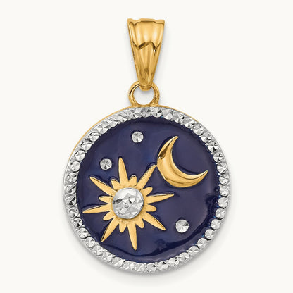 D/C Enameled Sun and Moon Pendant, 14K with White Rhodium