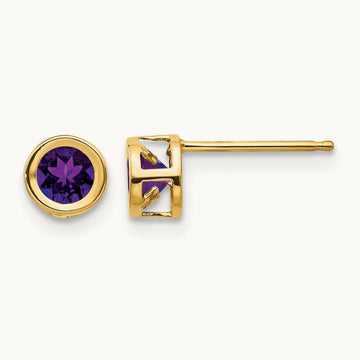 Bezel February/Amethyst Post Earrings — 14K Yellow Gold