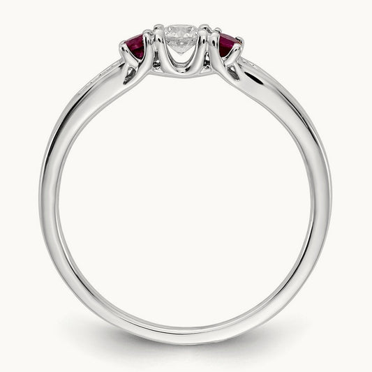 Diamond and Ruby 3-stone Ring, 14K White Gold