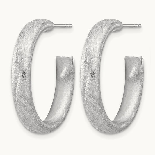Rhodium-plated Brushed J-Hoop Post Earrings, Sterling Silver — Leslie's