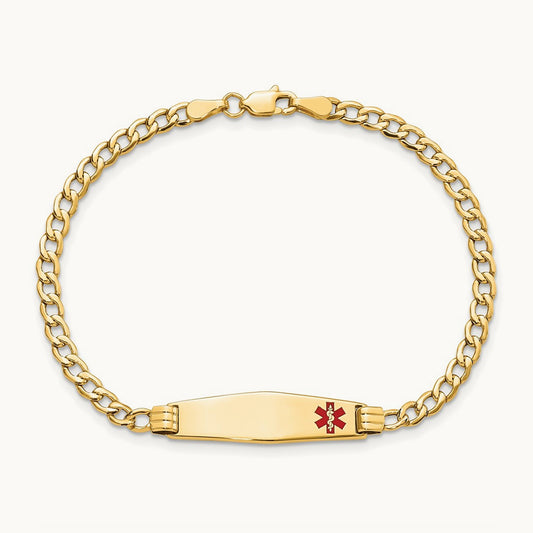 Medical Semi-Solid Soft Diamond Shape Red Enamel ID Cuban ID Bracelet, 14K