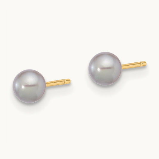 4- Round Grey Freshwater Cultured Pearl Post Earrings, 5mm, 14K