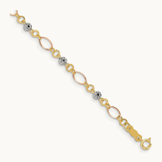 Tri-color Polished Diamond-cut Ovals & Donut Beads Bracelet, 14K