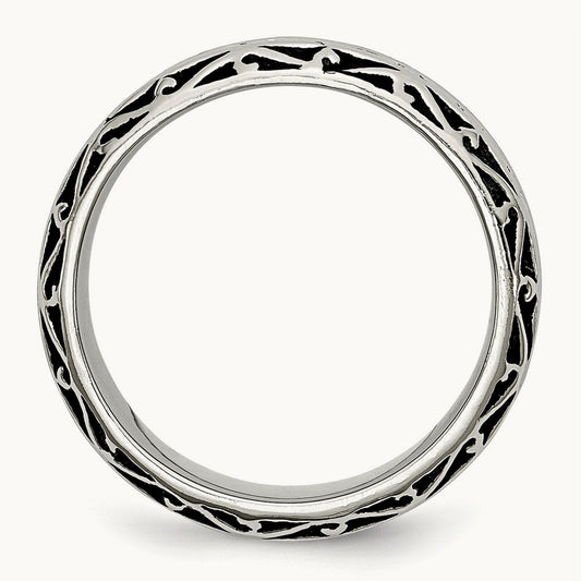 Antiqued and Polished Swirl Design Band, 7mm, Stainless Steel