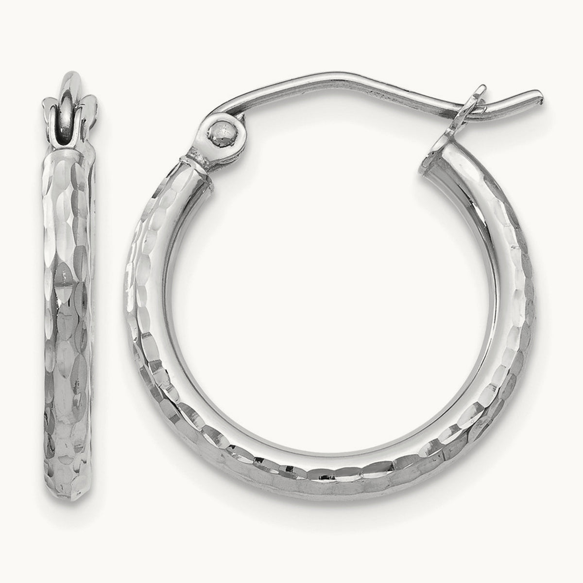 Diamond-cut Hinged Hoop Earrings — 10K White Gold, 17mm