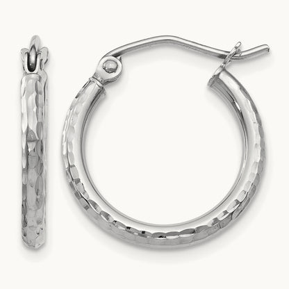 Diamond-cut Hinged Hoop Earrings — 10K White Gold, 17mm