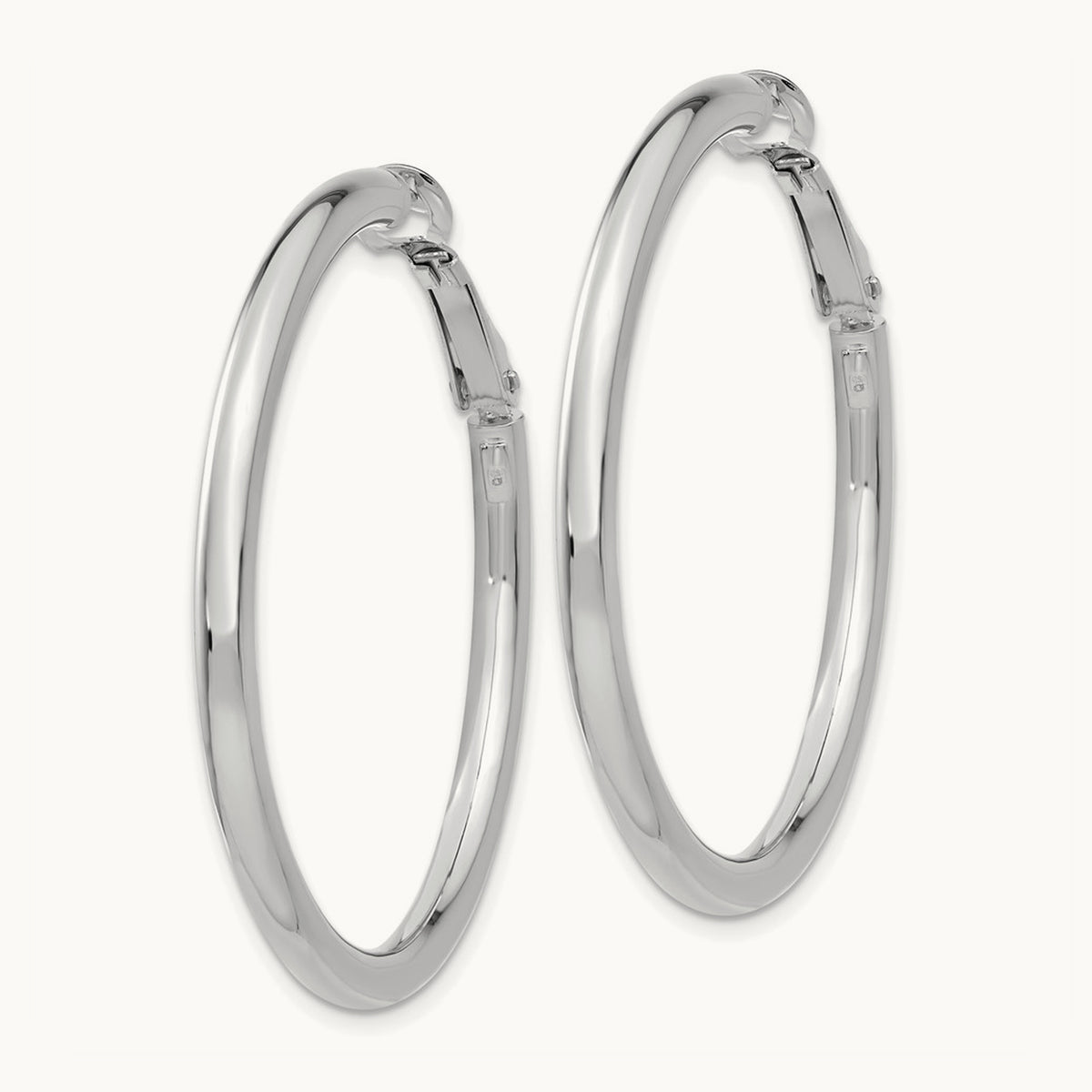 Polished Round Omega Back Hoop Earrings — 14K White Gold, 3x41mm