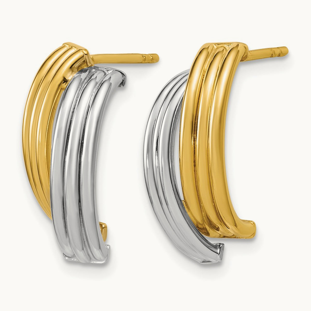 w/Wht RH-plating Polished/Grooved J-Hoop Post Earrings, 14K — Leslie's