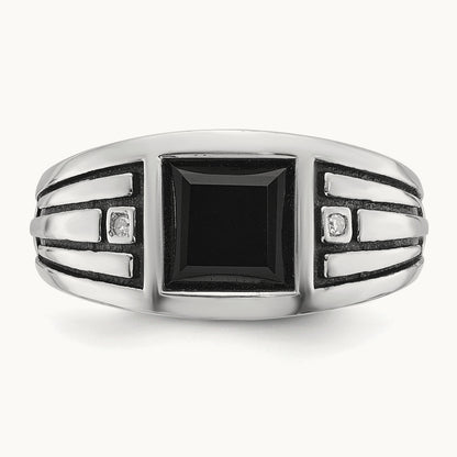 IBGoodman Men's Black Rhodium Onyx and Diamond Complete Ring, 14K White Gold